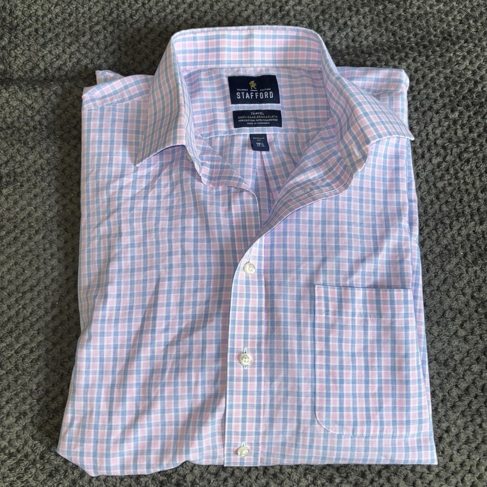Stafford Shirt‎ Mens 16 1/2- 34/35 Pink Travel Wrinkle Free Oxford Cotton Blend